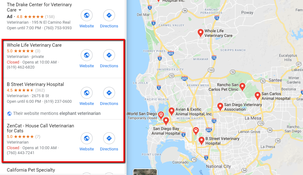 Google My Business results in Google Maps