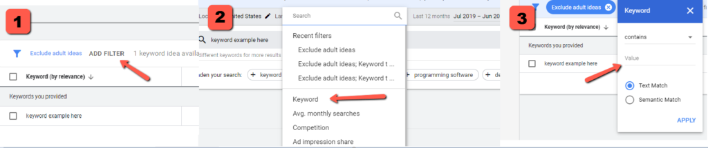How to filter for text/kewyord in google Keyword Planner