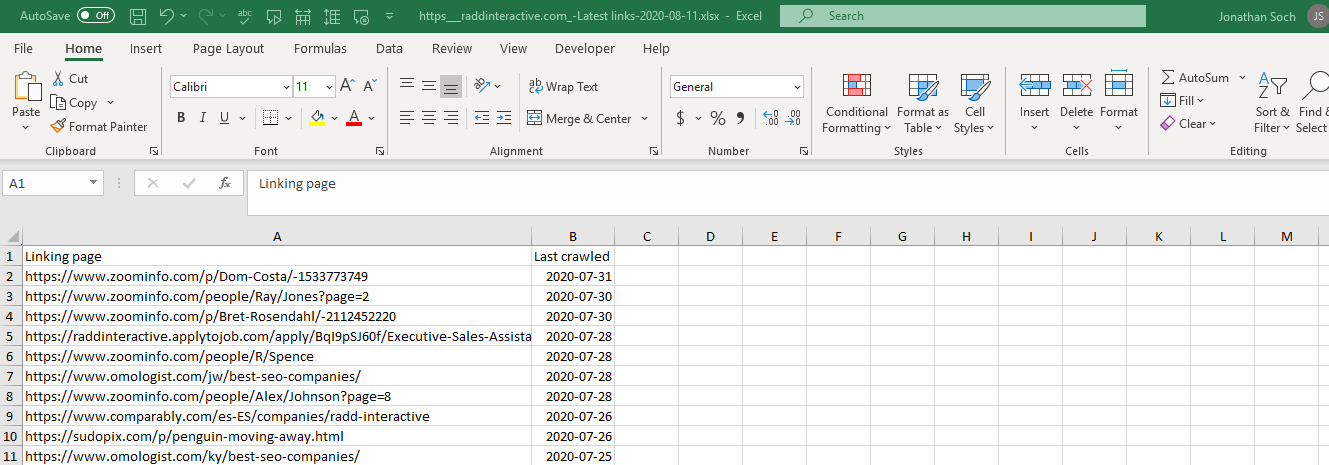 Search Console latest backlinks in Excel