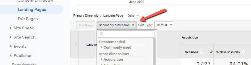 the secondary dimension filter in Google Analytics