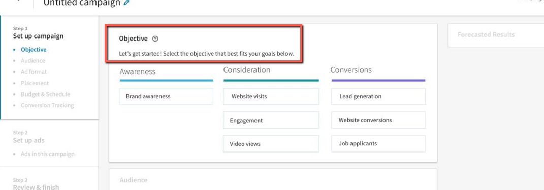 LinkedIn ad campaign set up screen with objective prompt