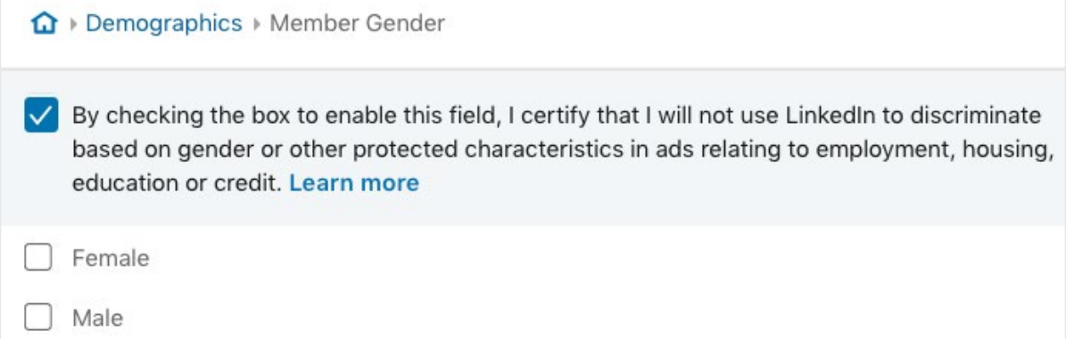 The gender demographic ad targeting option on LinkedIn