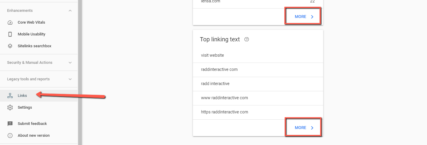 Google Search Console links report location