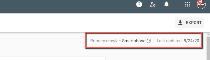 The Search Console Coverage report showing the primary crawler ad the last update date for the report