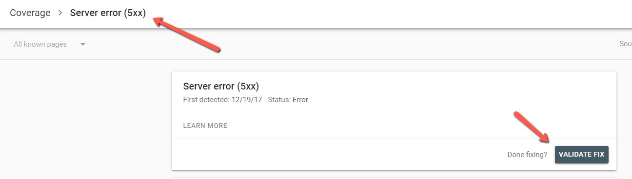 An example of server errors in the Google Search Console coverage report with the "Validate Fix" option