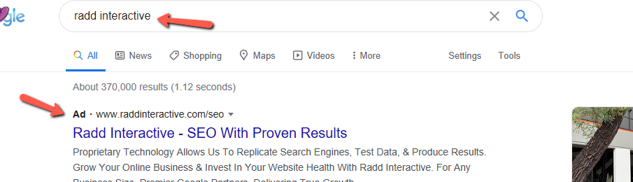 An example of a PPC search ad for a brand keyword