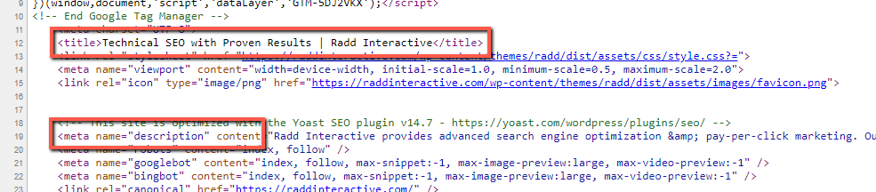 An example of how meta data tags are implemented in a site's head tags