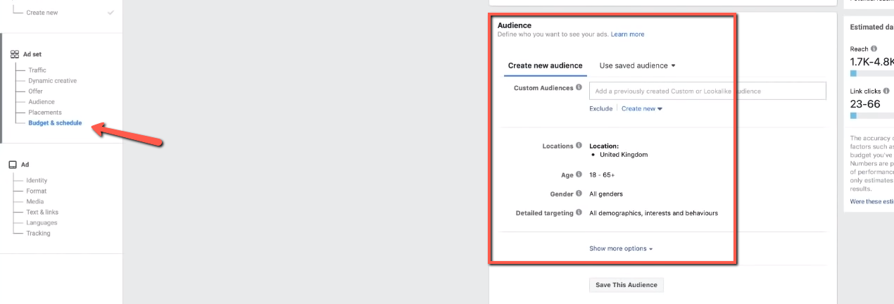 An example of selecting audience in Facebook Ads Manager