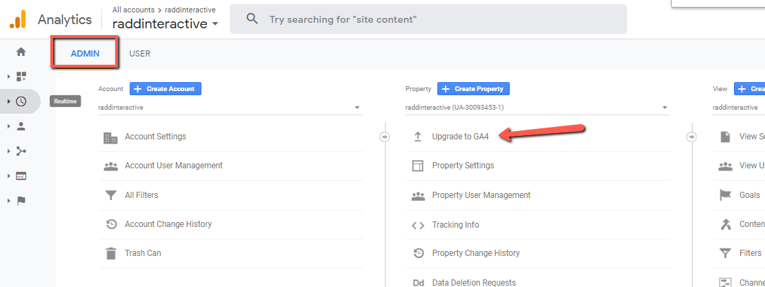 The option to upgrade to Google Analytics 4 in the admin section