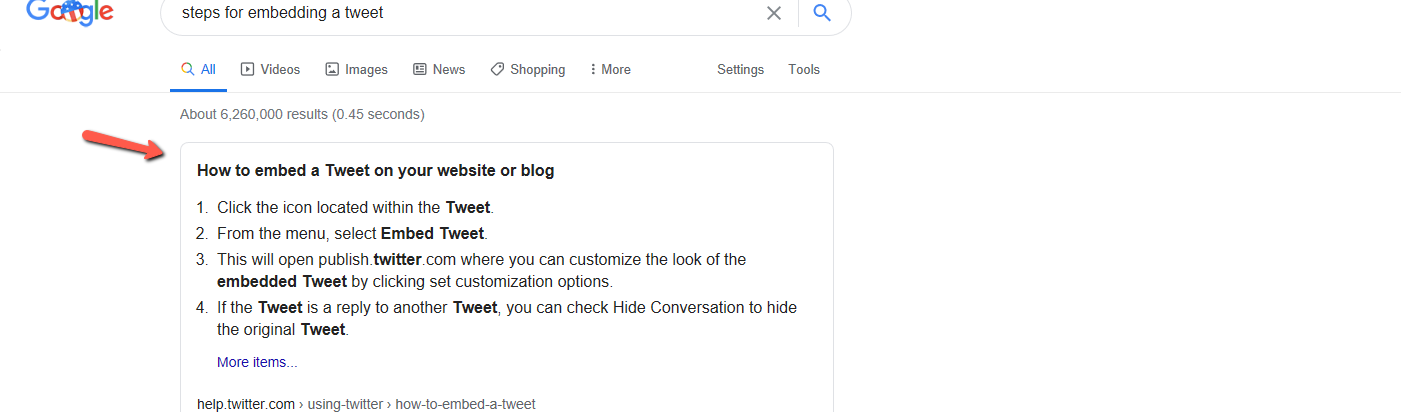 An example of a featured snippet in Google