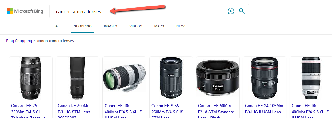 Bing shopping search page