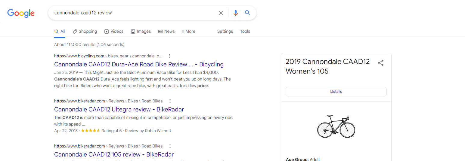An example of a bicycle product review search results page on google