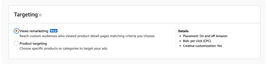 The options available for ad targeting on Amazon