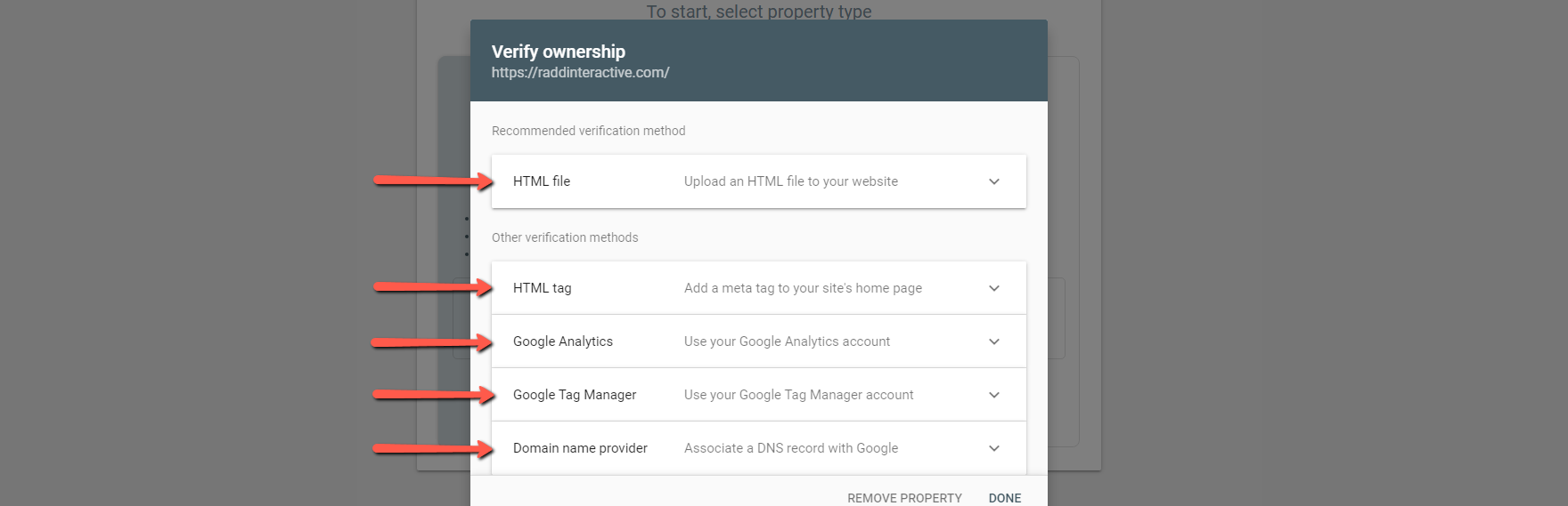 A screenshot showing the different options for verifying a URL prefix property in Search Console