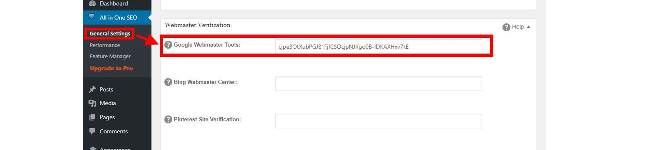 Instructions showing where and how to add the Search Console verification code for All-in-One SEO in WordPress