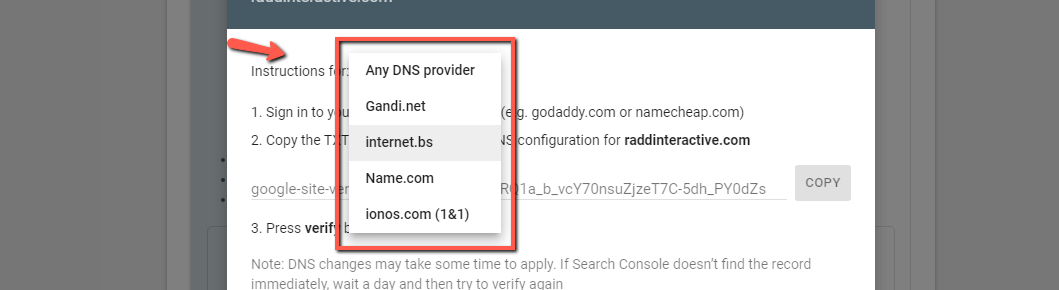 The list of options for choosing a DNS provider to verify a site in Google Search Console