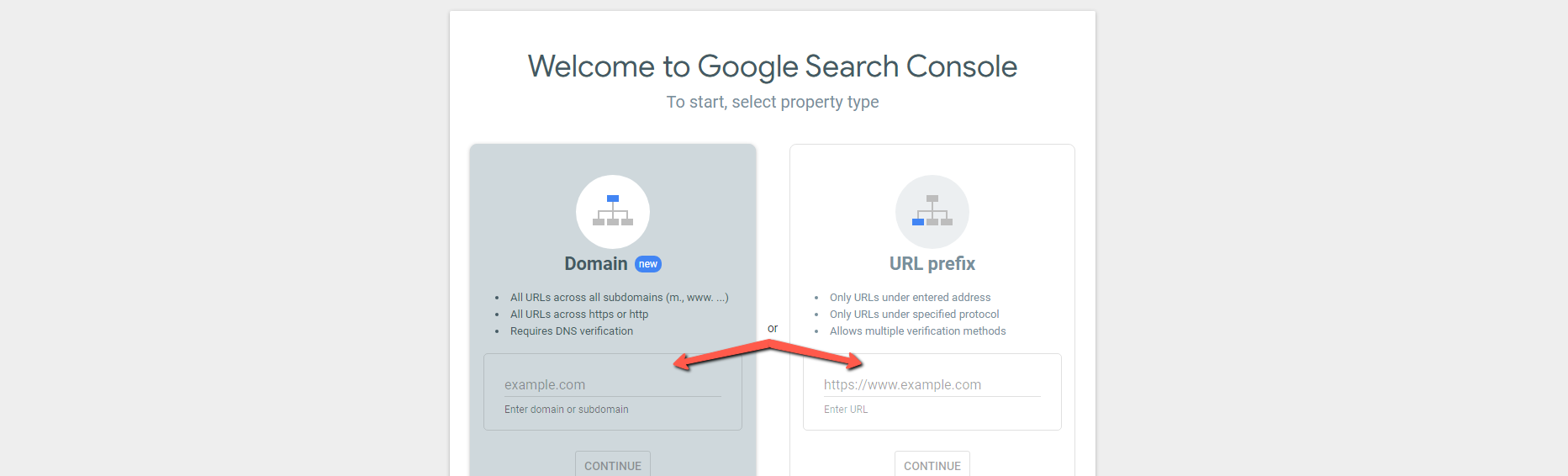 An example of the start men when setting up a Google Search Console account