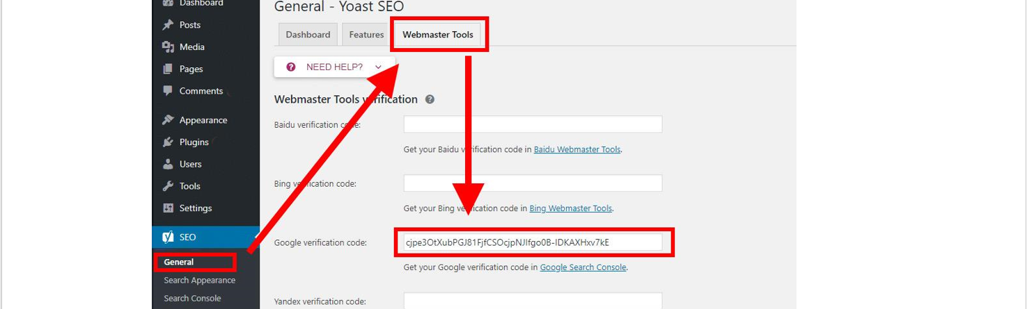 Instructions showing where and how to add the Search Console verification code for Yoast SEO in WordPress