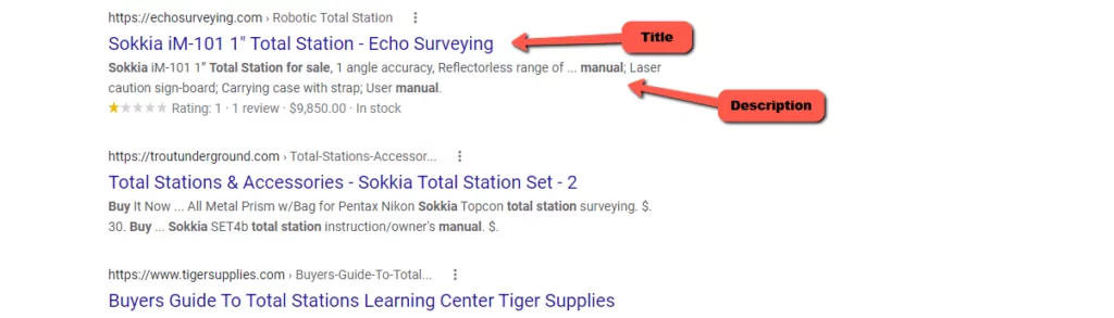 A screenshot showing an example of meta titles and meta descriptions shown in a Google search