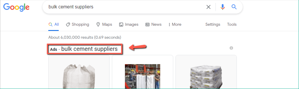 An example of PPC ads showing for a bulk cement suppliers search query