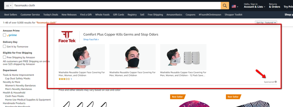 Amazon sponsored products ads at top of page for face masks