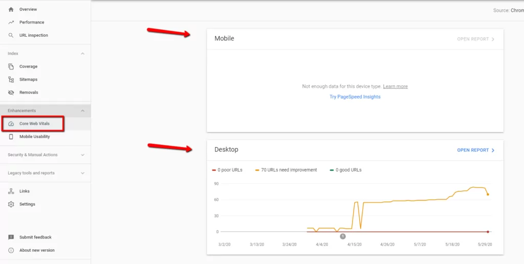 A screenshot of the Search Console Core Web Vitals report