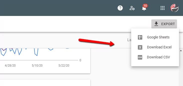 The export button in Google Search Console