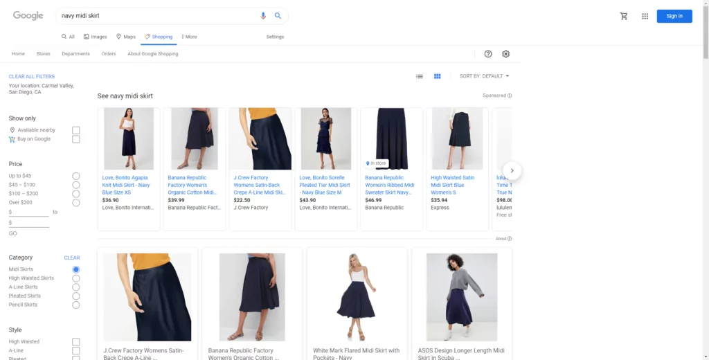 A Google Shopping tab example screenshot