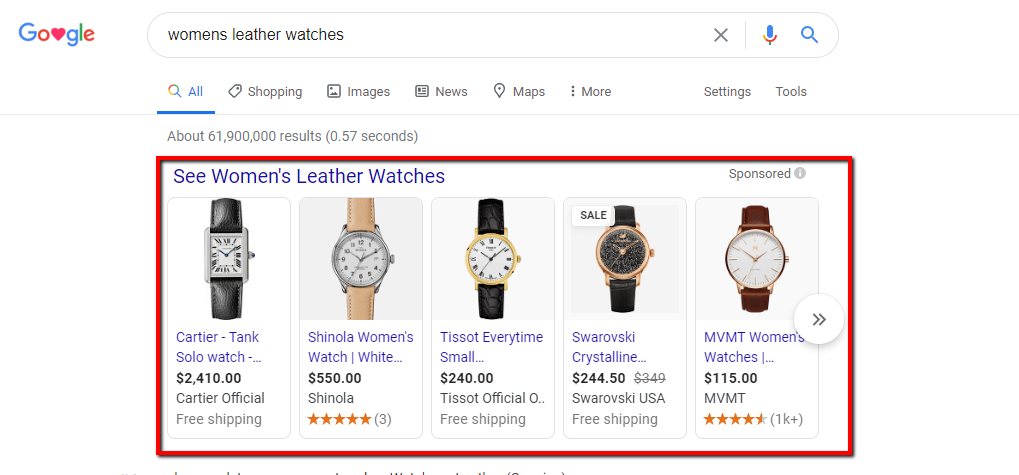 An example of womens watches in a Google Shopping Campaign
