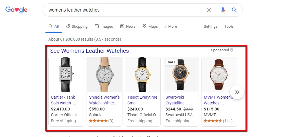 An example of womens watches in a Google Shopping Campaign