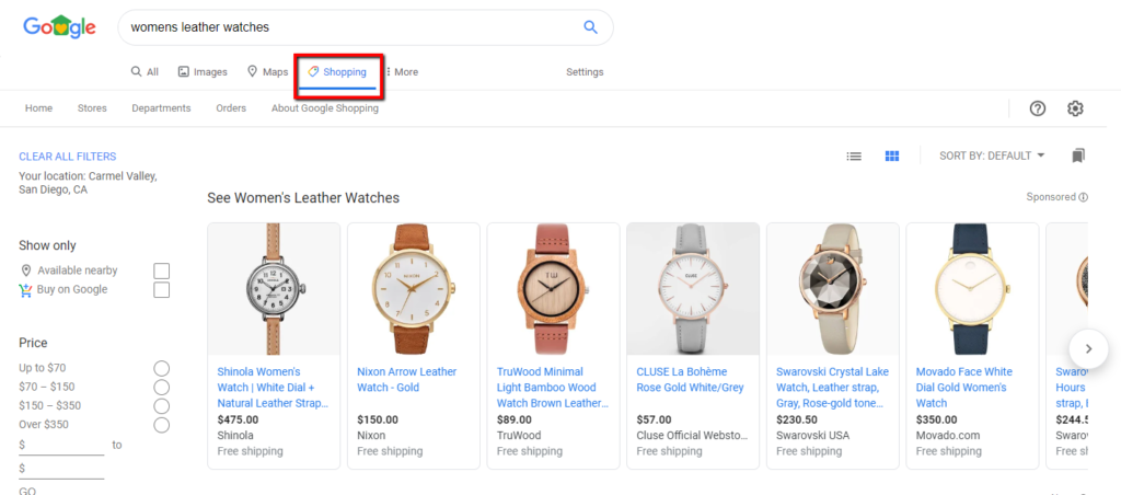 The Google shopping tab screenshot