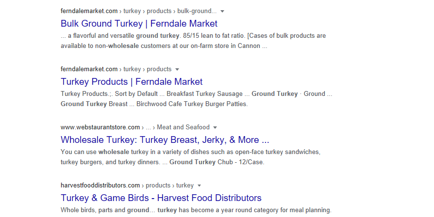 A screenshot showing Google search results for ground wholesale turkey