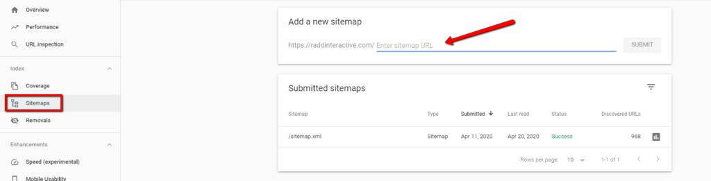 Screenshot example of how to submit site map in Search Console