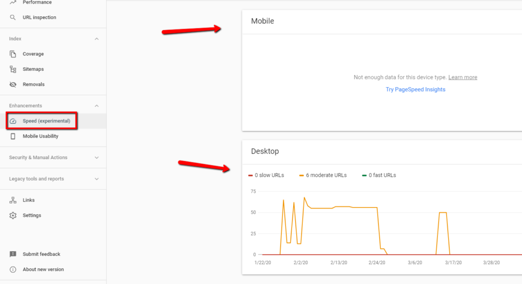 A screenshot example of the Search Console speed report
