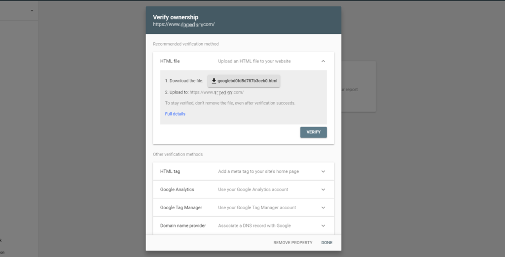 Screenshot example of search console verification page