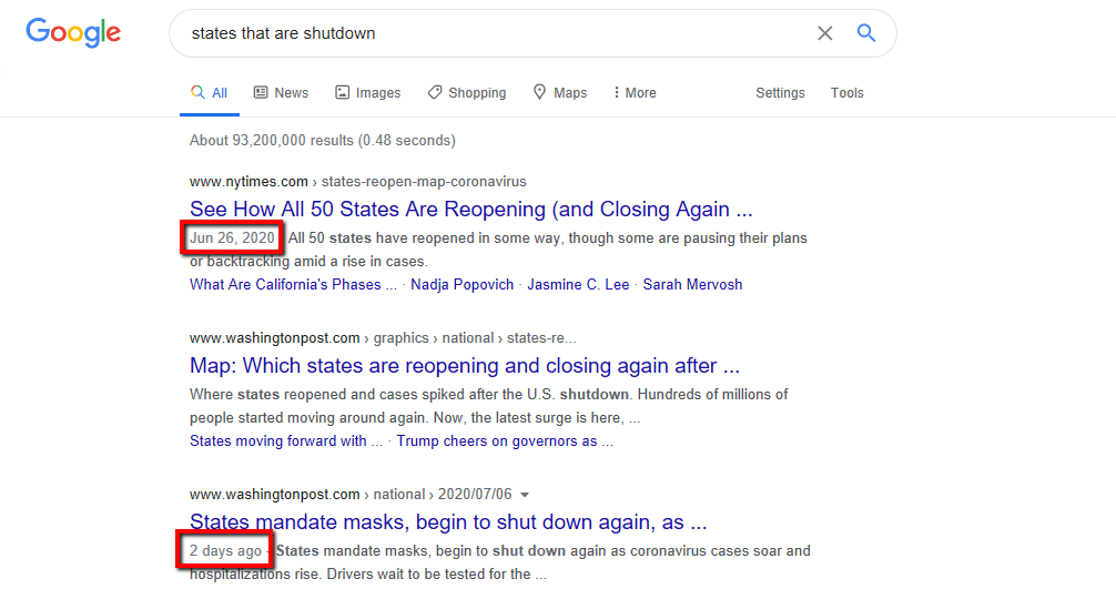 An example of a Google search with fresh results