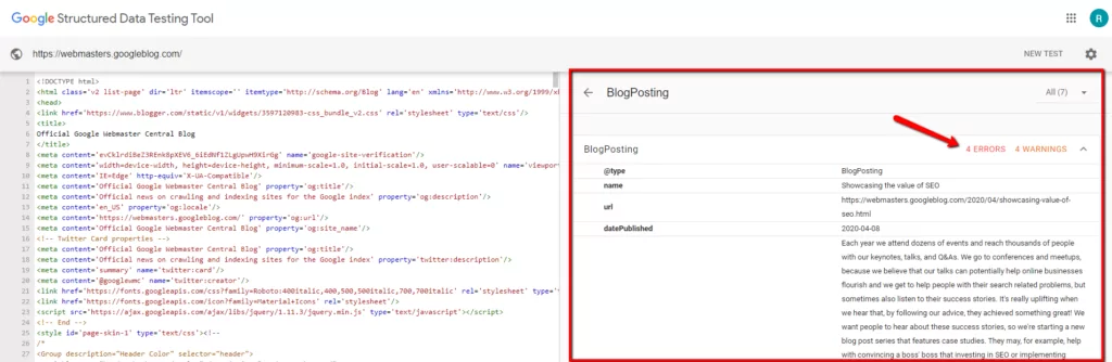 Warnings and errors in the structured data test tool