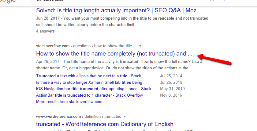 An example of a truncated Google title tag