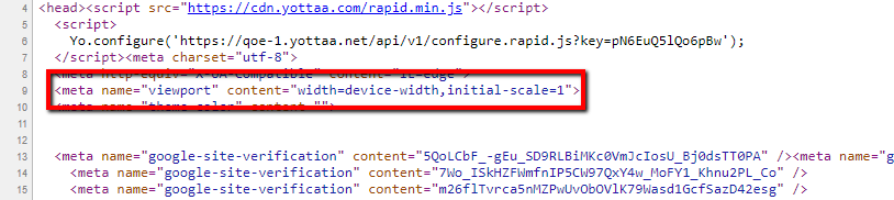 Viewport tag shown in a site HTML source code